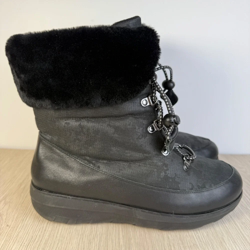 FitFlop Mukluk Shorty Black Camo Faux‎ Fur Lined Winter Boots Womens 10
